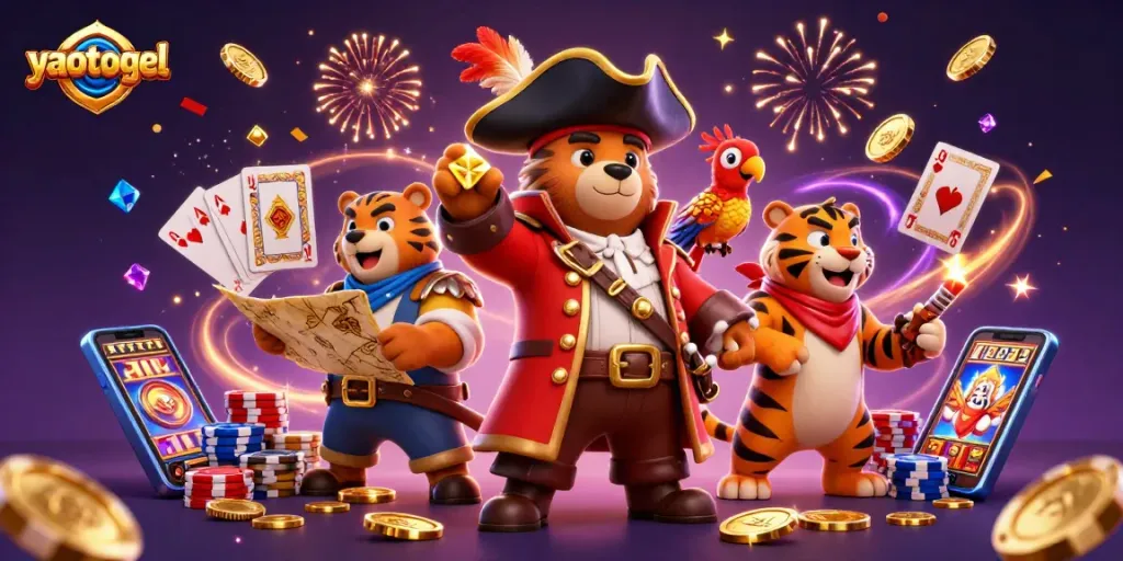 Win big at yaotogel with a vibrant 3D pirate-themed casino scene featuring slots and card games.