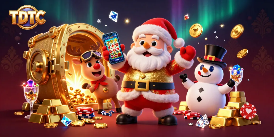 Celebrate TDTC in a festive 3D casino scene with Santa, reindeer, and snowman amid jackpot treasures!