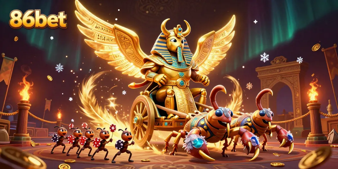 Engage with 86bet in a dynamic, colorful scene showcasing gambling excitement with a golden scarab and scorpions.