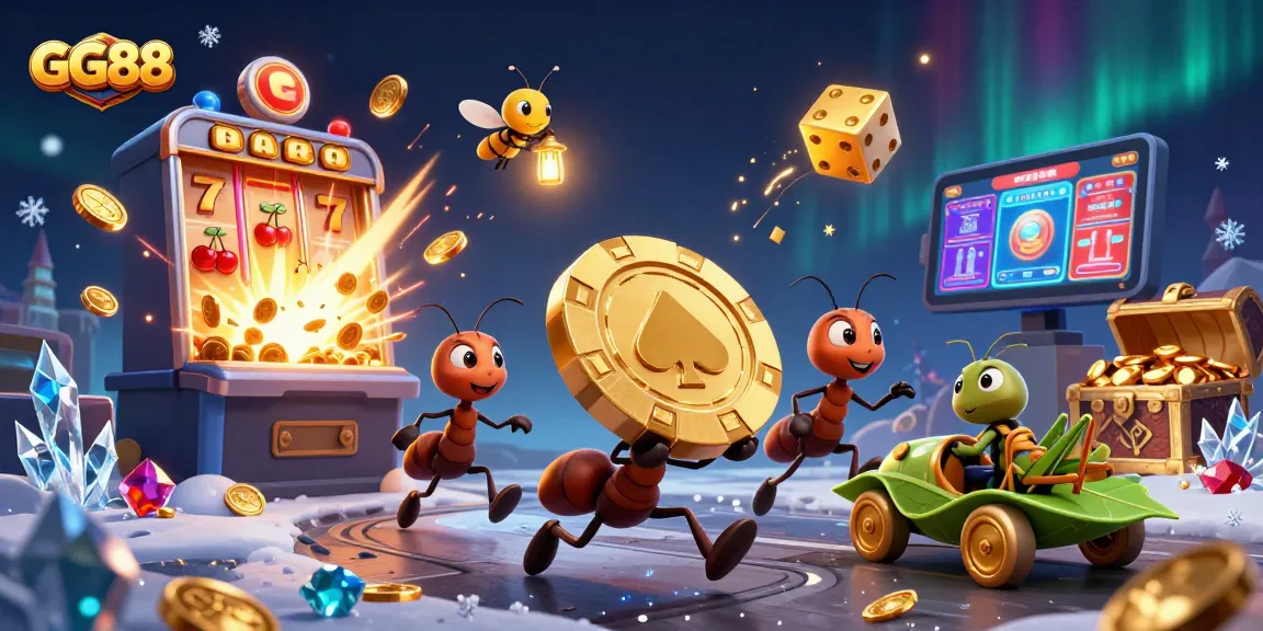 Experience GG88 with a dynamic scene of ants, slots, and jackpots celebrating casino excitement.