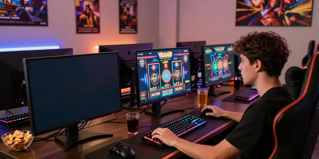 Engaging gaming setup showcasing Vegas88 slot game on a vivid screen, with gaming accessories enhancing the experience.