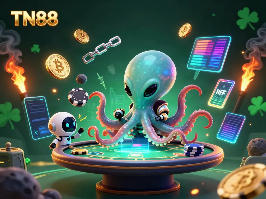 Engage with TN88's thrilling poker experience featuring a cosmic octopus and a robot companion.
