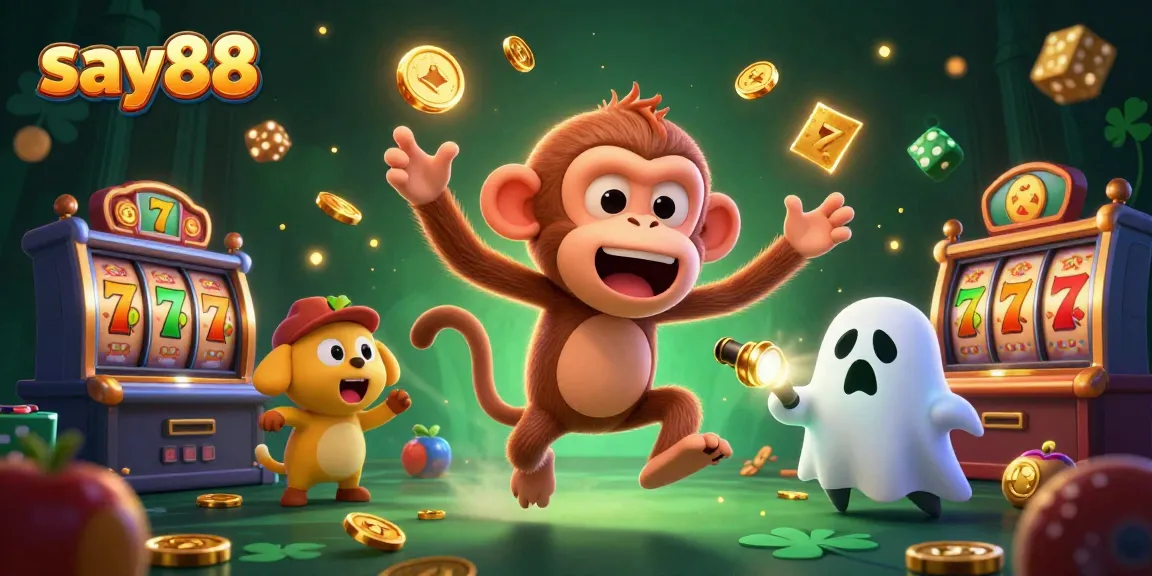 Experience the thrilling action at say88 with a lively casino scene featuring mischievous characters juggling golden treasures.
