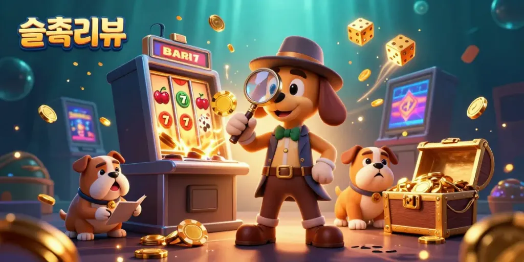 Explore the world of 슬롯리뷰 with a playful detective dog duo amidst vibrant casino elements.
