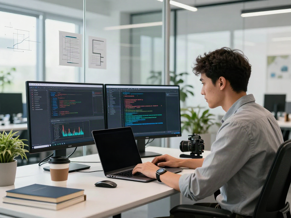 Engineer utilizing instant indexing technology in a modern office setup.
