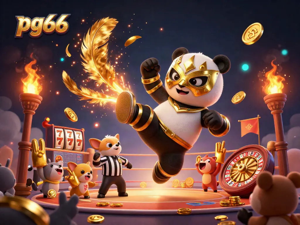 Experience thrilling action with pg66 as a panda wrestler kicks while spectators cheer in a rich casino scene.