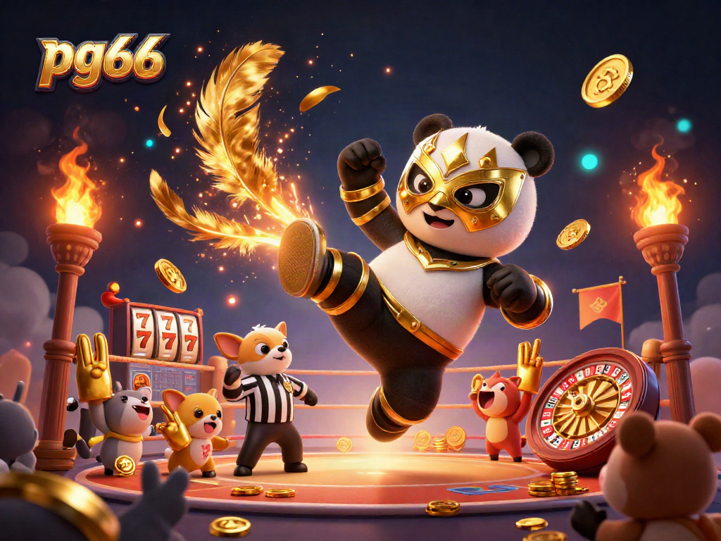 Experience thrilling action with pg66 as a panda wrestler kicks while spectators cheer in a rich casino scene.