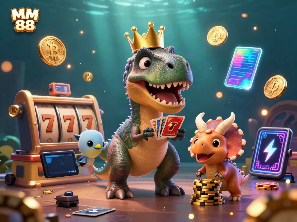 Experience the thrill of MM 88 with a T-Rex and friends in a vibrant 3D casino scene.