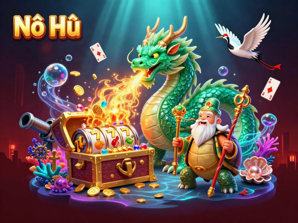 Engage in thrilling Nổ Hũ gameplay with a vibrant scene featuring a jade dragon and lucky symbols.