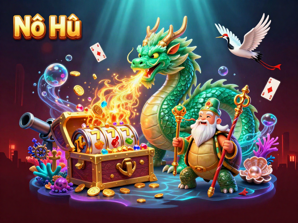 Engage in thrilling Nổ Hũ gameplay with a vibrant scene featuring a jade dragon and lucky symbols.
