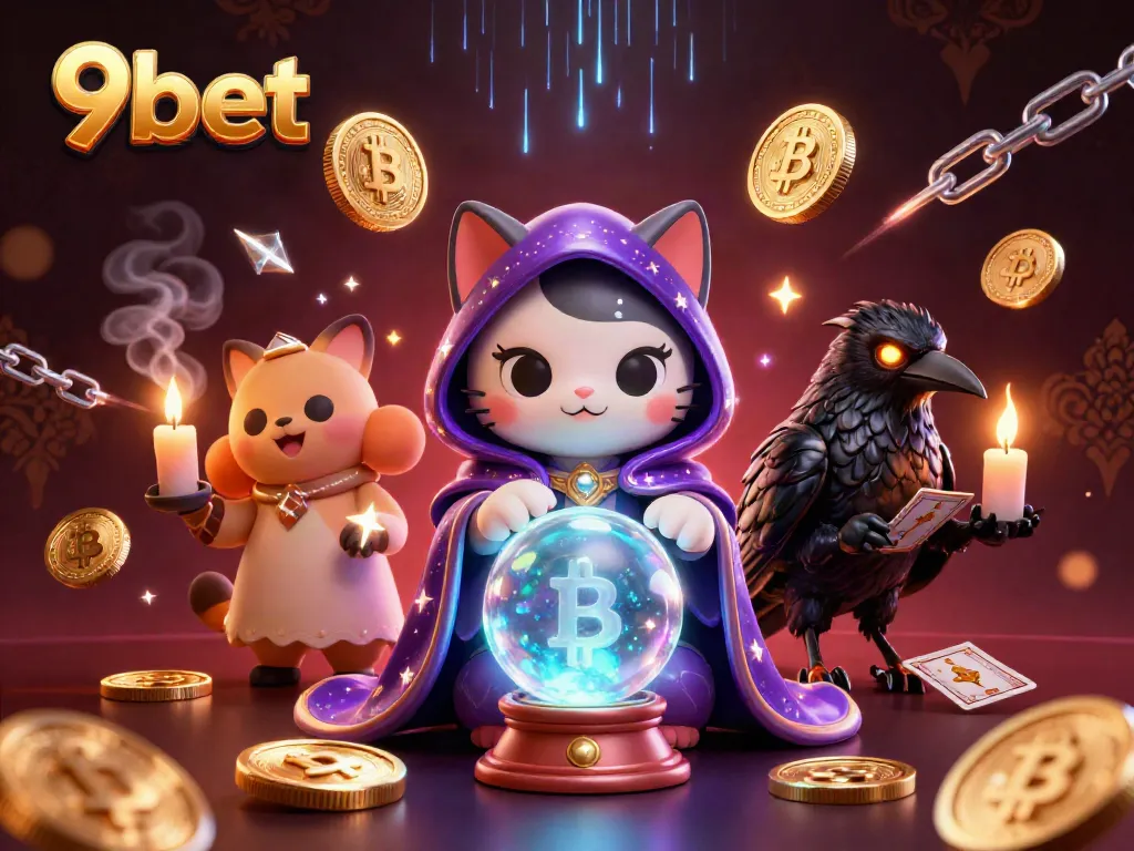 Experience the thrill of 9bet with a cartoon mystic and glowing gaming elements.