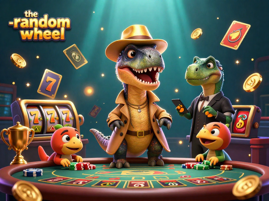 The-random-wheel showcases a velociraptor card counter and stegosaurus pit boss amid exciting casino games.