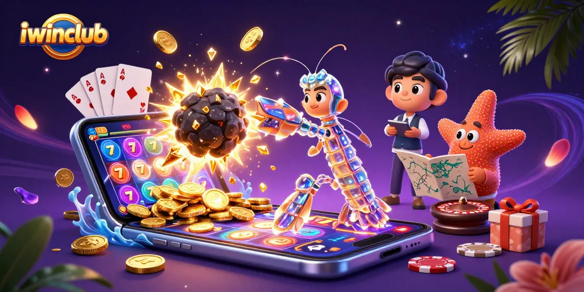 Iwinclub showcases a vibrant 3D cartoon scene featuring a samurai mantis shrimp and a starfish amidst casino elements.