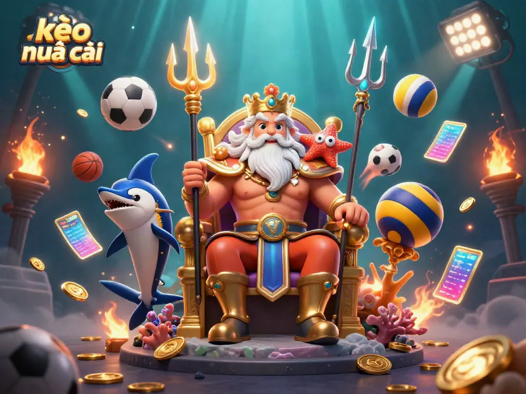 Engage with kèo nhà cái as Neptune oversees dynamic sports betting elements in a vibrant underwater scene.