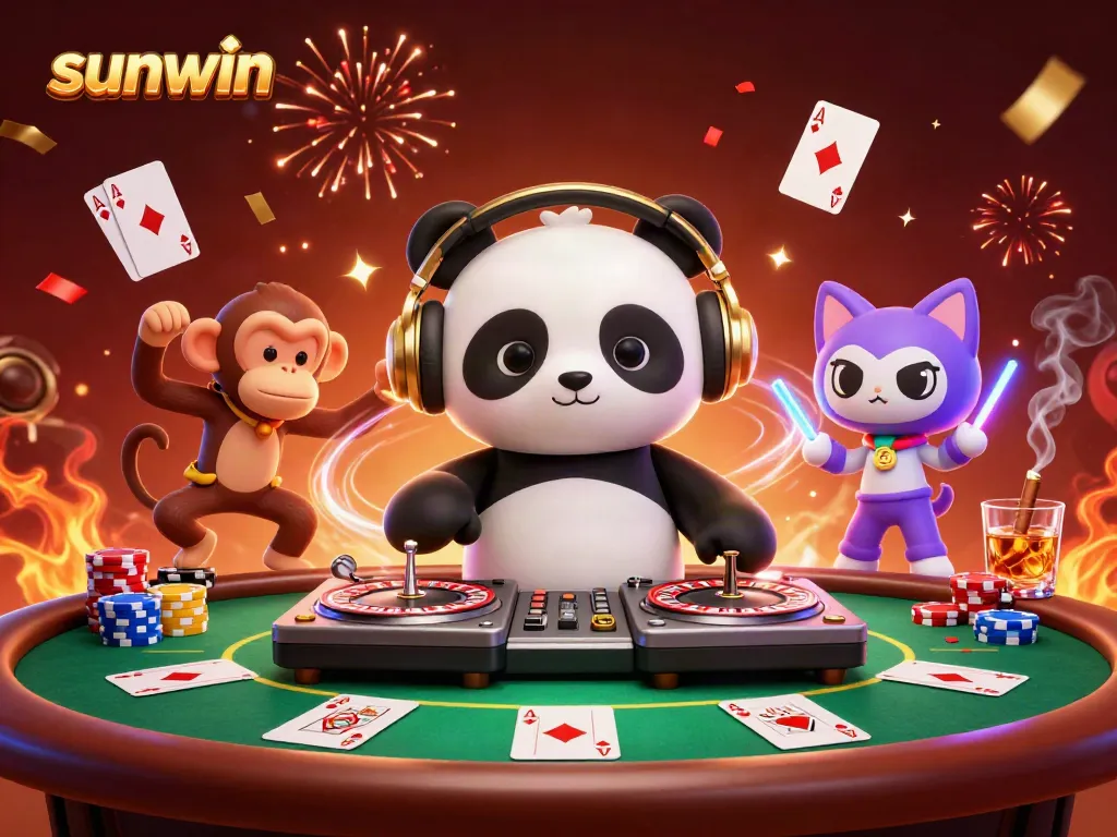 Experience sunwin excitement with a vibrant 3D illustration of casino-themed characters in action.