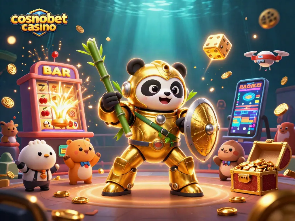 Experience the thrill of cosmobet casino with a dynamic 3D scene showcasing exciting games and characters.