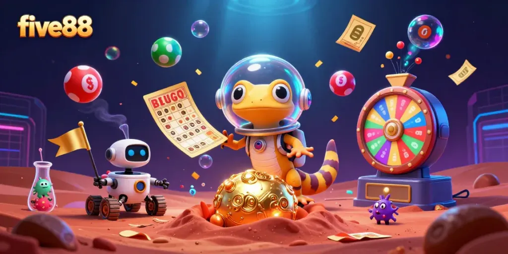Experience the excitement of five88 with a vibrant 3D scene featuring a Martian gecko uncovering a golden casino.