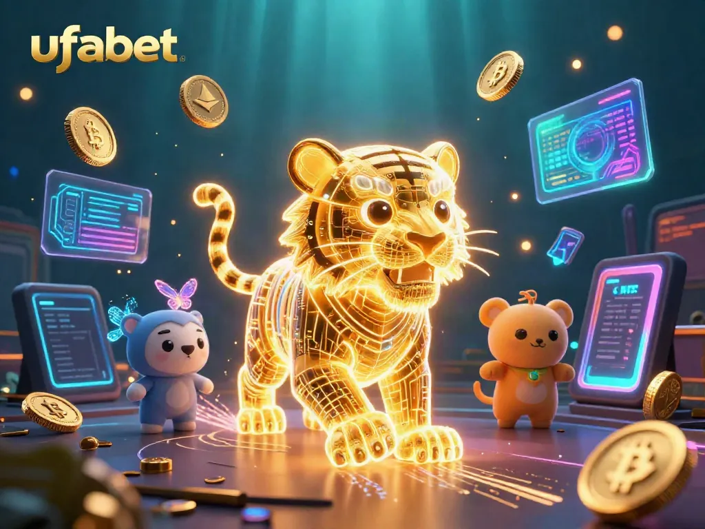 Experience ufabet's vibrant digital casino scene with a neon tiger, blockchain elements, and crypto coins.
