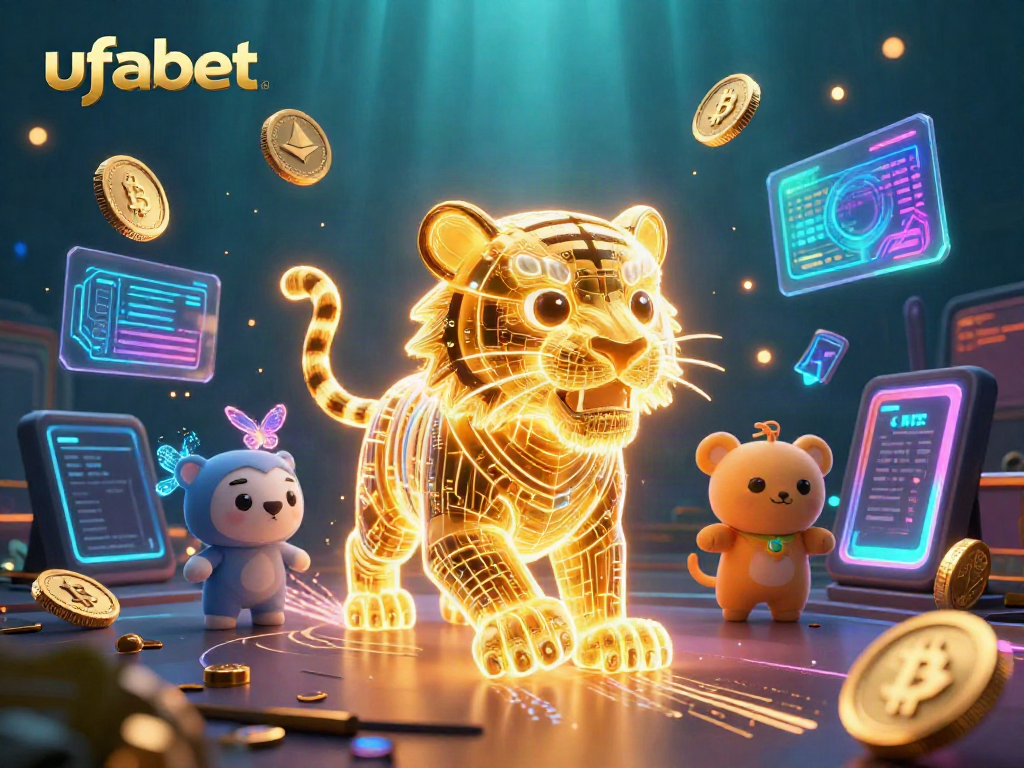 Experience ufabet's vibrant digital casino scene with a neon tiger, blockchain elements, and crypto coins.