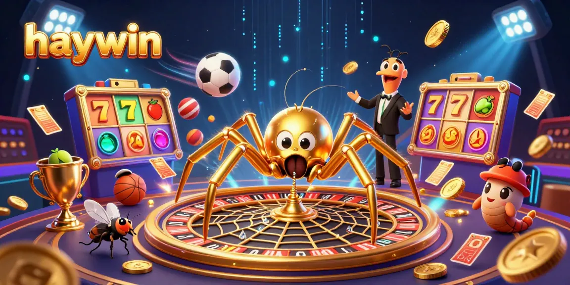 Experience the thrill of haywin with a playful 3D spider and centipede croupier spinning golden roulette wheels among vibrant gaming elements.