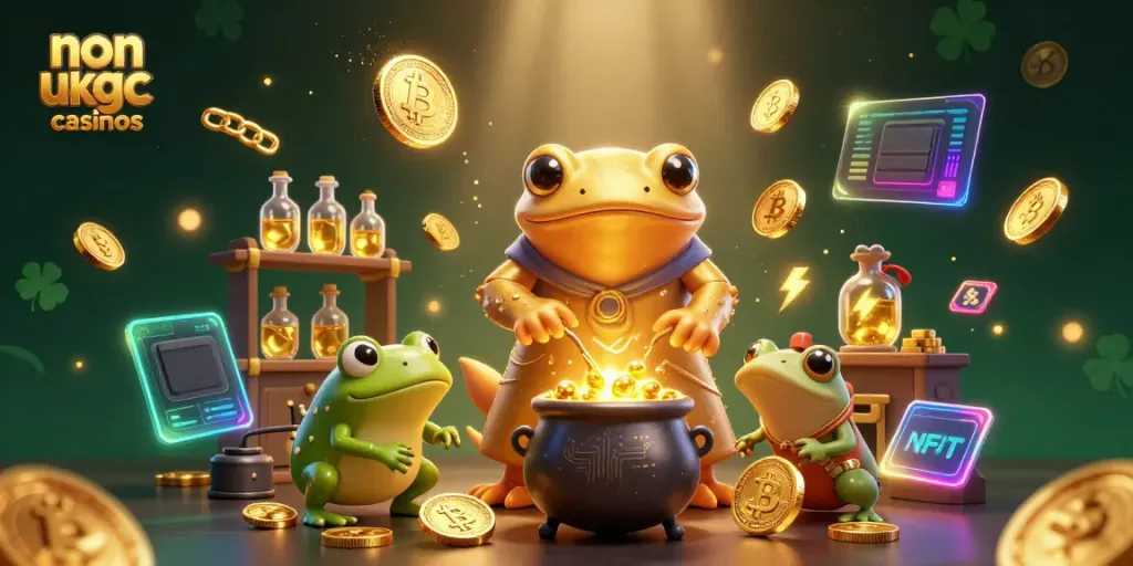 Experience non ukgc casinos with a magical scene of 3D characters transmuting gold amidst blockchain elements.