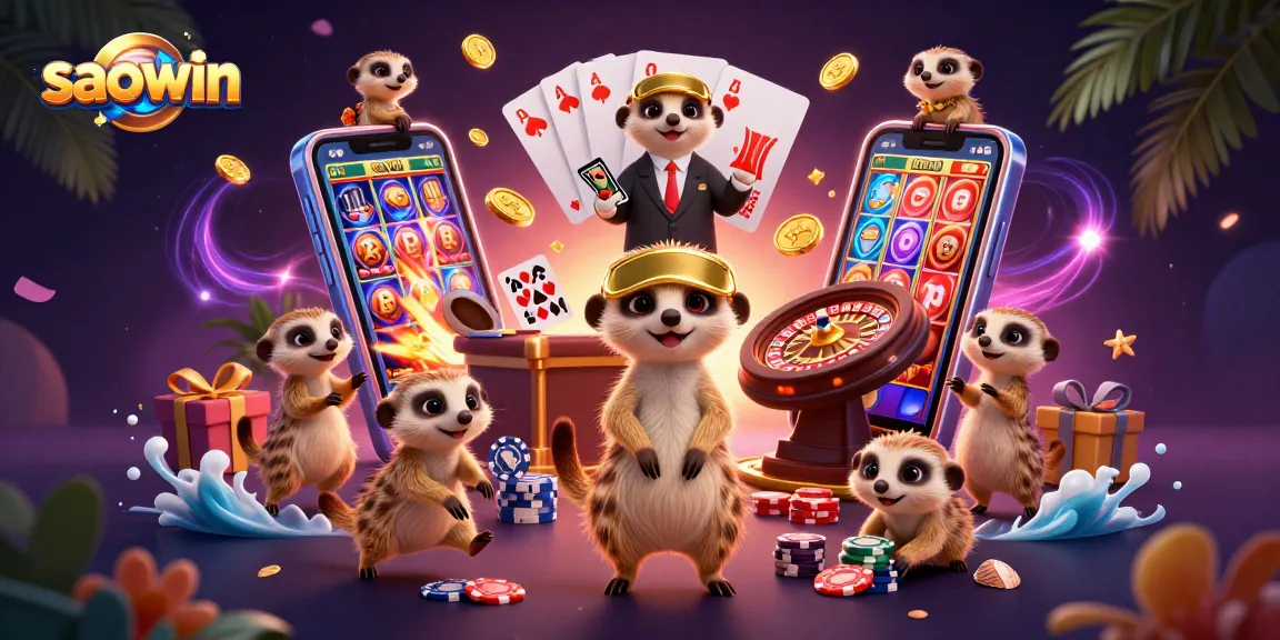 Experience fun and excitement at Saowin with meerkats managing a vibrant casino scene.