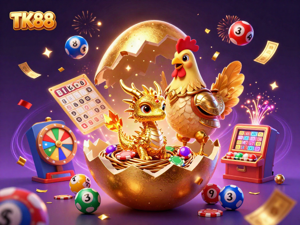 Experience the thrill of winning with TK88, featuring a golden dragon and casino elements in a vibrant scene.