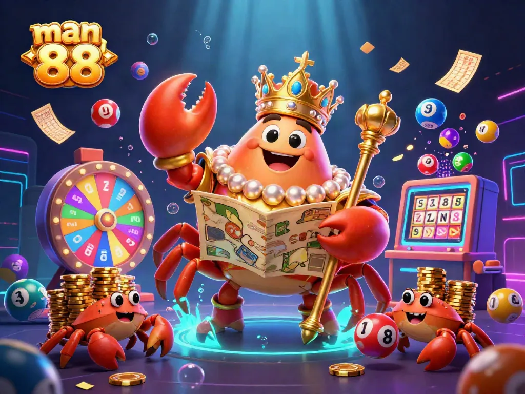 Experience thrilling games with man 88 in this vibrant scene featuring a golden crab emperor and luxurious casino elements.
