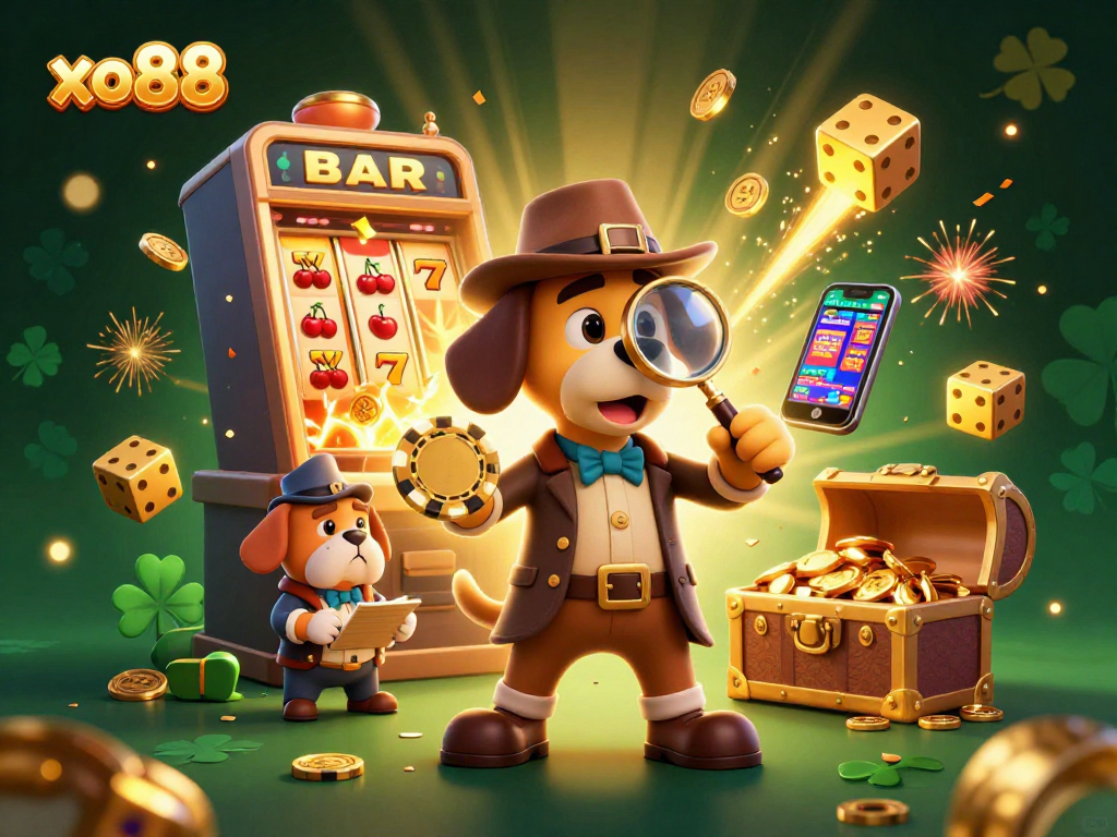 Win big with xo88 as the detective uncovers casino treasures in this vibrant, engaging illustration.