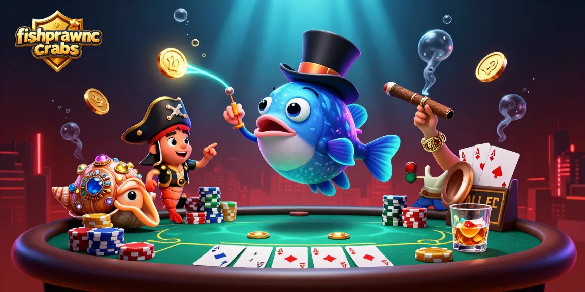 Engaging scene of fishprawncrabs featuring a deep-sea anglerfish, treasure snail, and shrimp at a vibrant poker game.