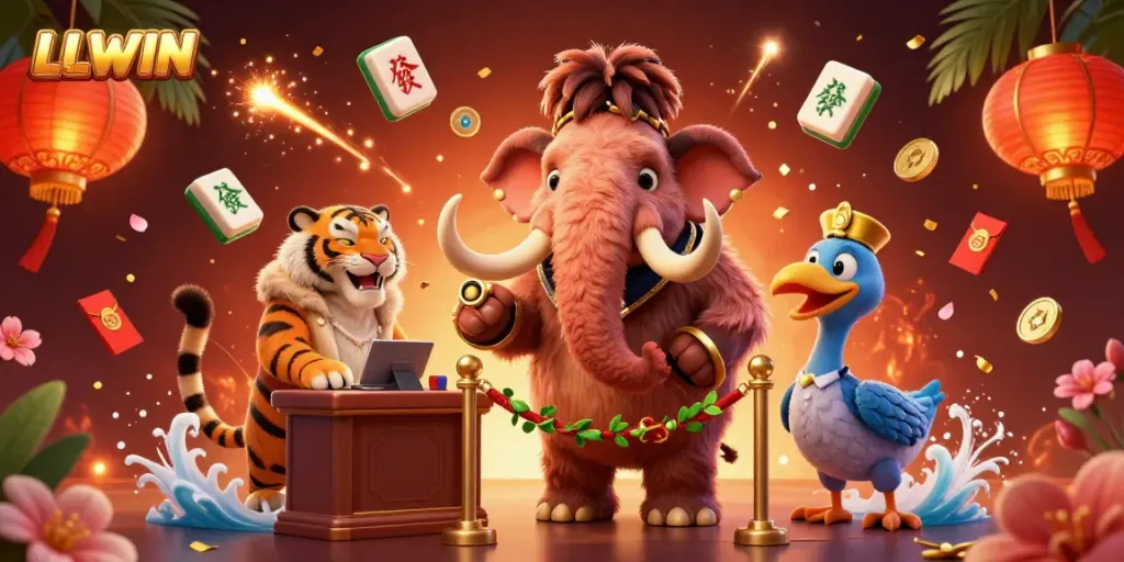LLWIN's vibrant casino scene showcasing a woolly mammoth bouncer, saber-tooth VIP, and dodo doorman amidst festive decorations.
