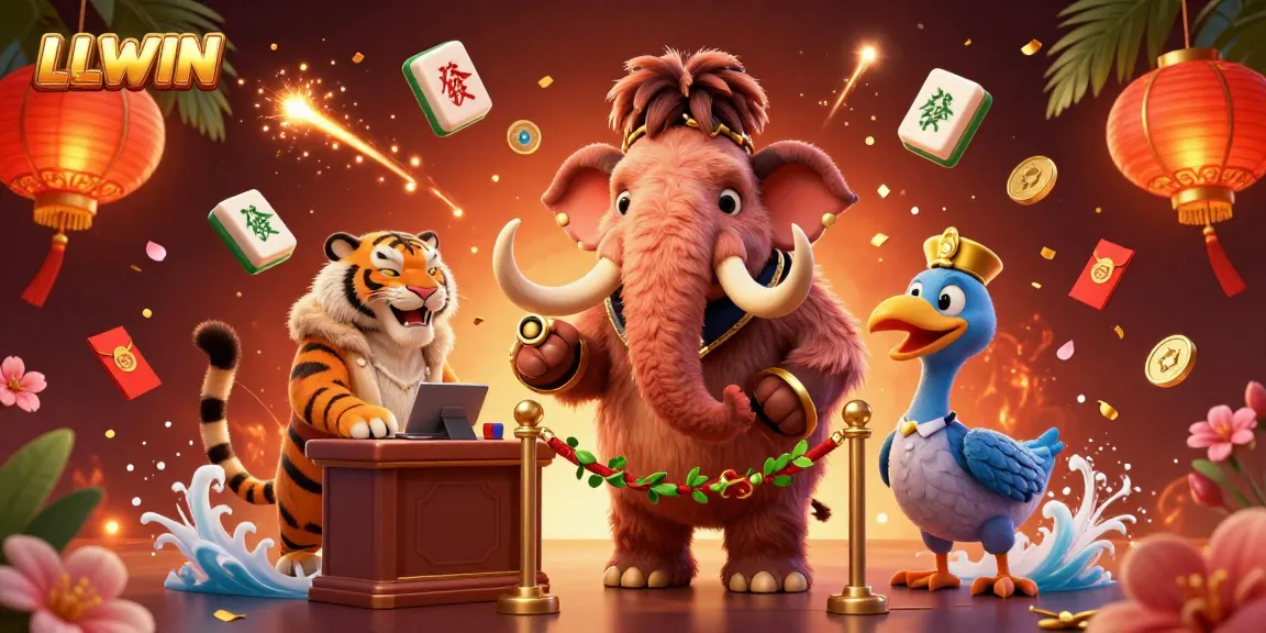 LLWIN's vibrant casino scene showcasing a woolly mammoth bouncer, saber-tooth VIP, and dodo doorman amidst festive decorations.
