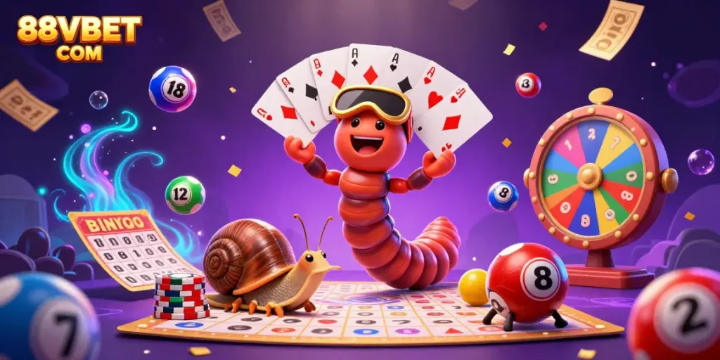 Experience thrilling gameplay with 88VBET COM in this vibrant casino scene, featuring animated characters and exciting game elements.
