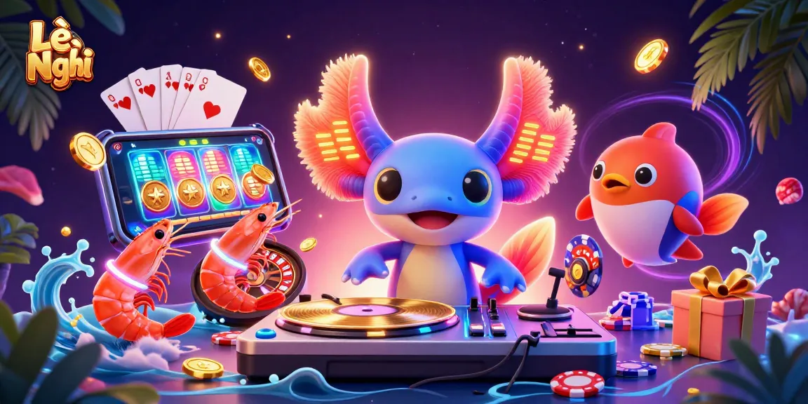 Lê Nghi showcases vibrant casino fun with a DJ axolotl spinning slots and glowing shrimp, inviting excitement.