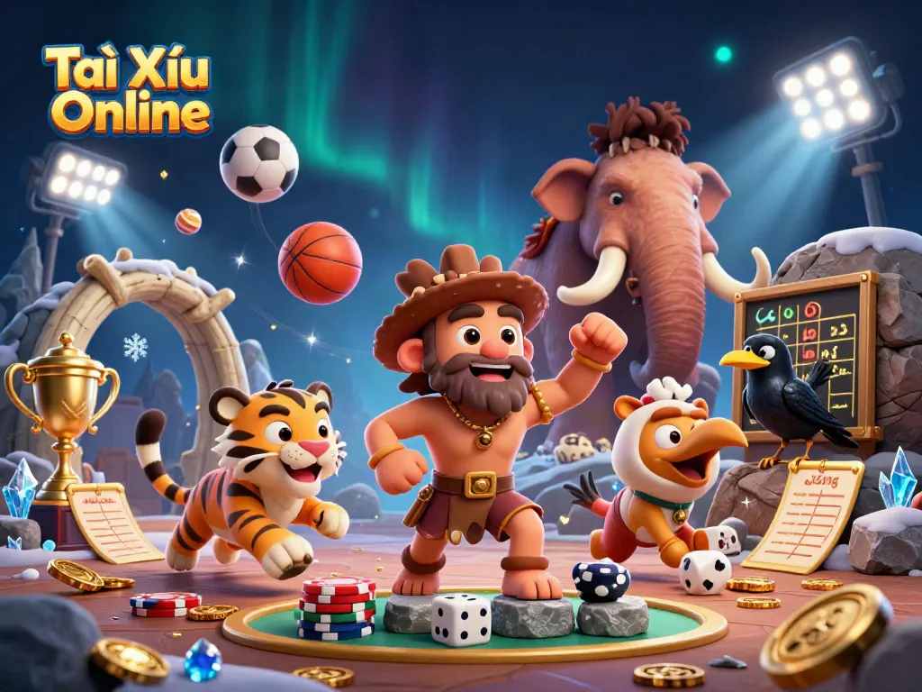 Experience Tài Xỉu Online in a dynamic prehistoric casino scene filled with excitement and action.