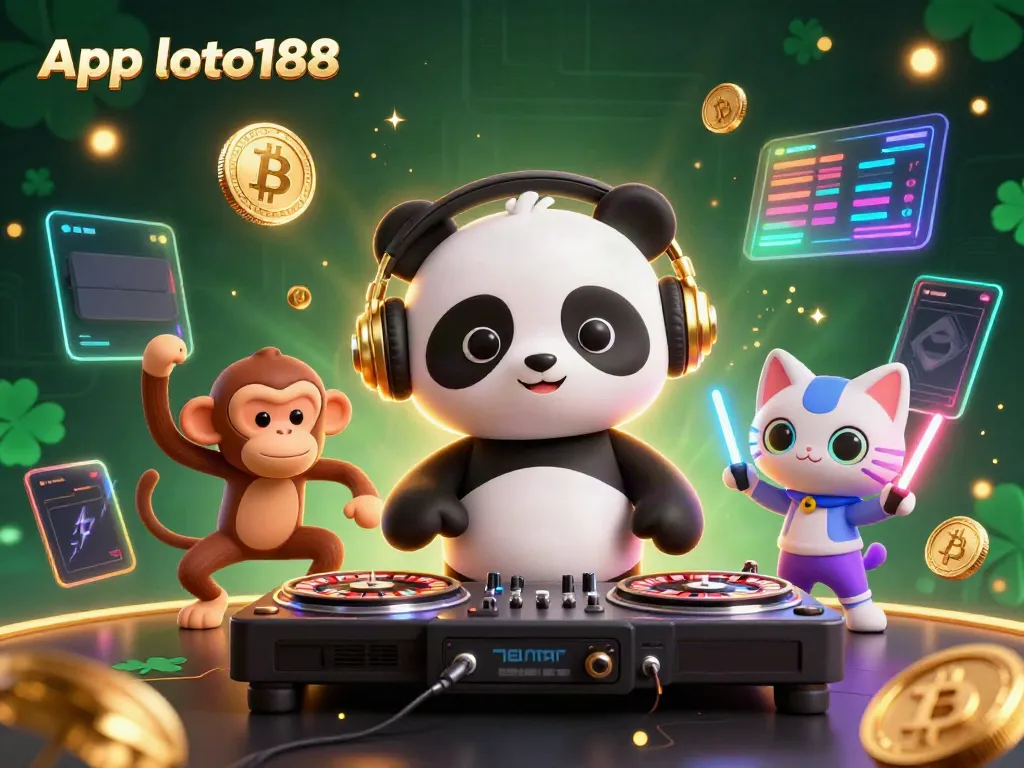 Engage with App loto188 through a vibrant scene featuring lively characters in a casino theme.