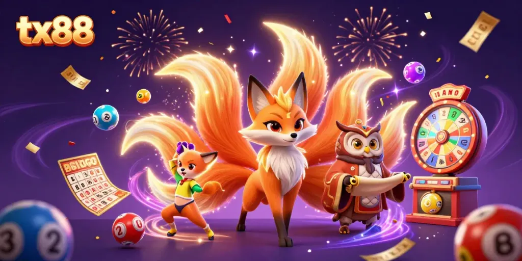 Engage in excitement at tx88 with a vibrant 3D illustration featuring a nine-tailed fox and magical elements.