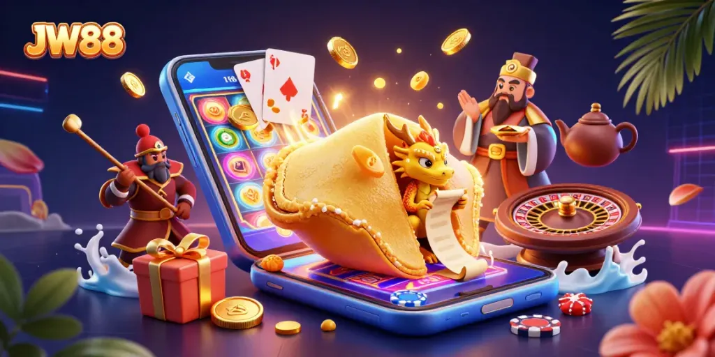 Cleverly spin the reels of JW88 with a 3D golden fortune cookie guardian guiding your gaming journey.