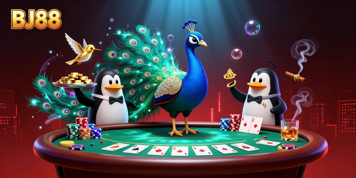 BJ88 showcases an exciting poker scene featuring a peacock, penguin, and hummingbird in vivid detail.