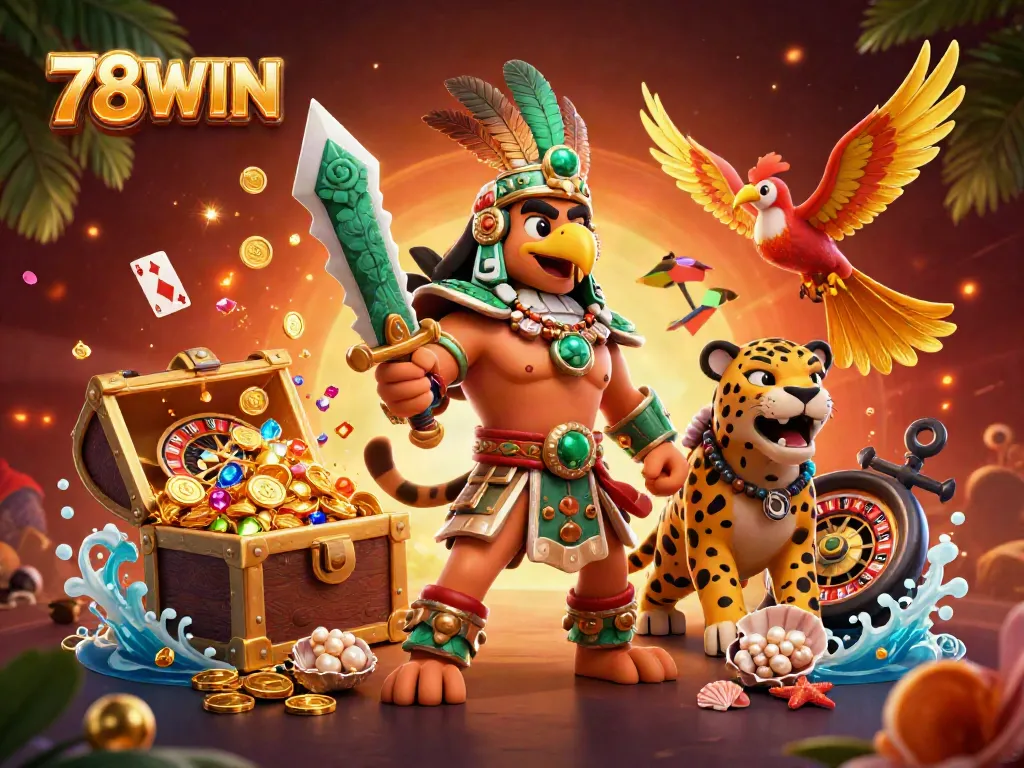 Experience the excitement of 78WIN with warriors and golden treasures in a vibrant casino scene.