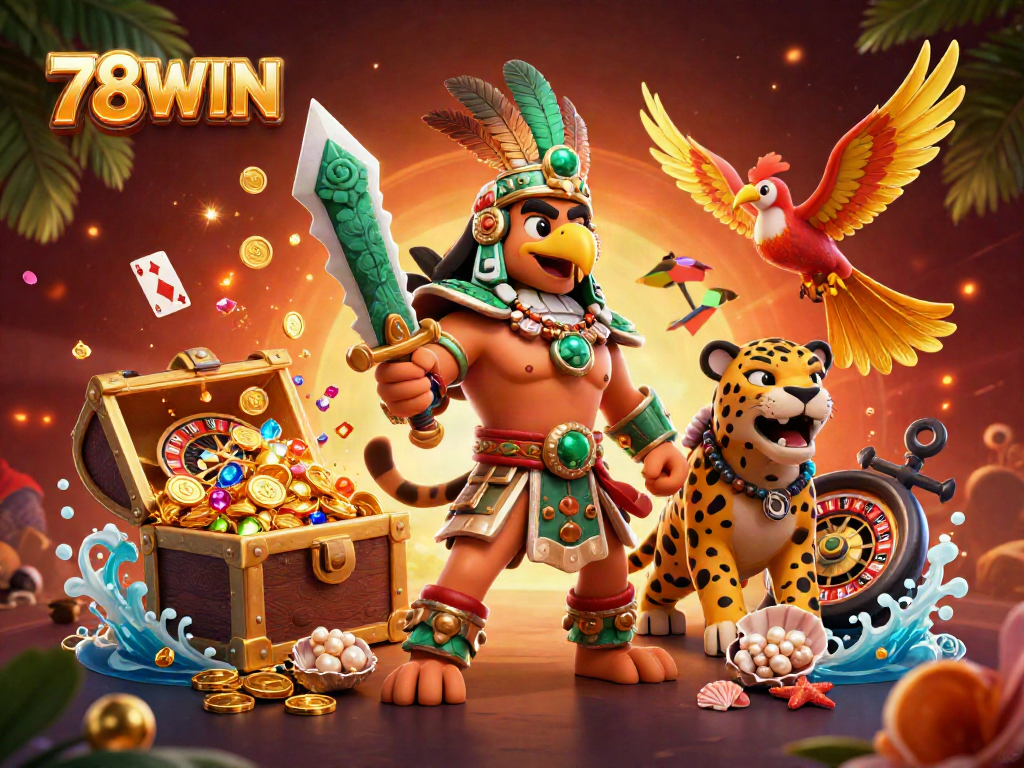 Experience the excitement of 78WIN with warriors and golden treasures in a vibrant casino scene.