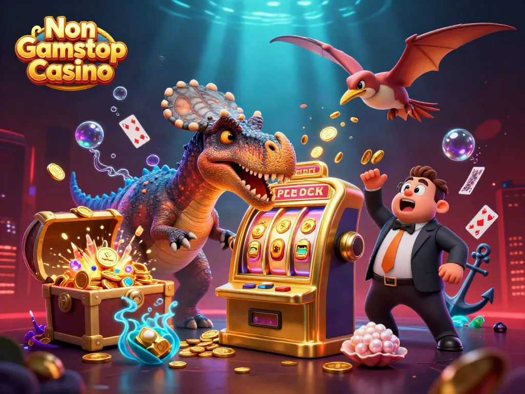 Engaging visual of a Non Gamstop Casino scene featuring a dinosaur winning on a golden slot machine.