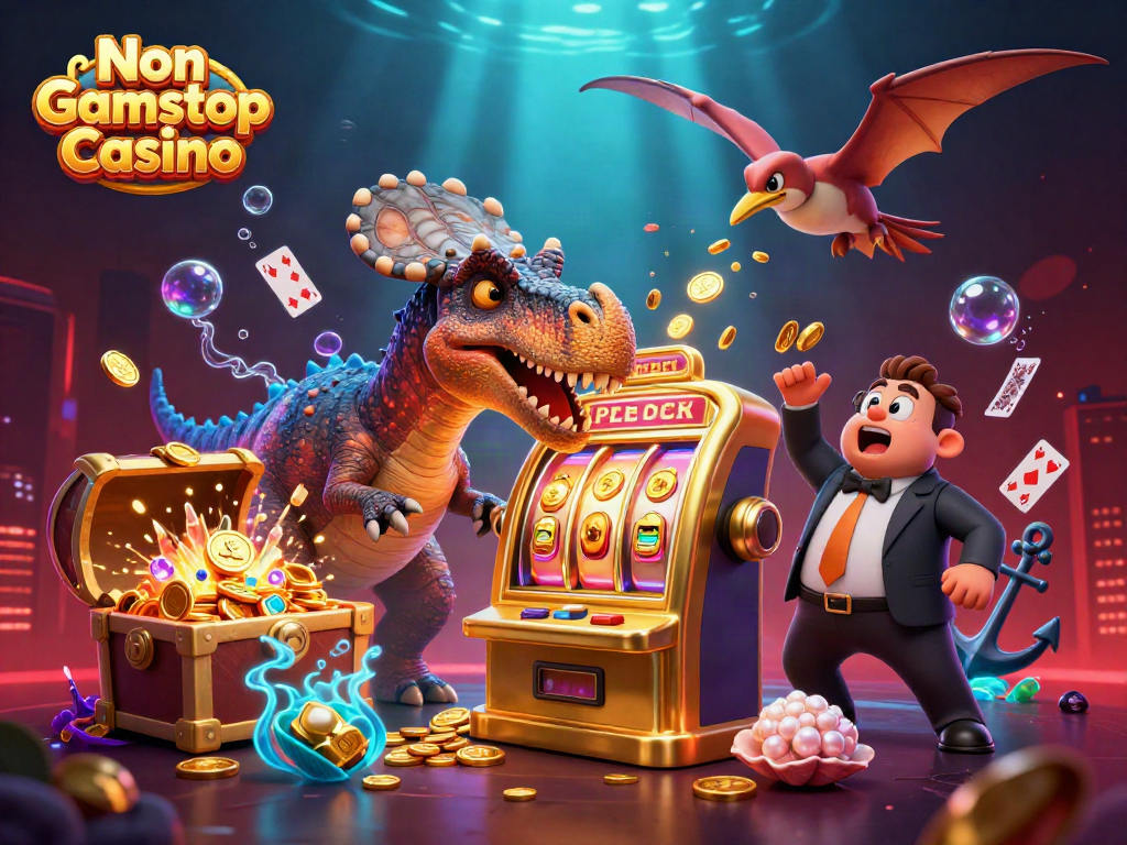Engaging visual of a Non Gamstop Casino scene featuring a dinosaur winning on a golden slot machine.