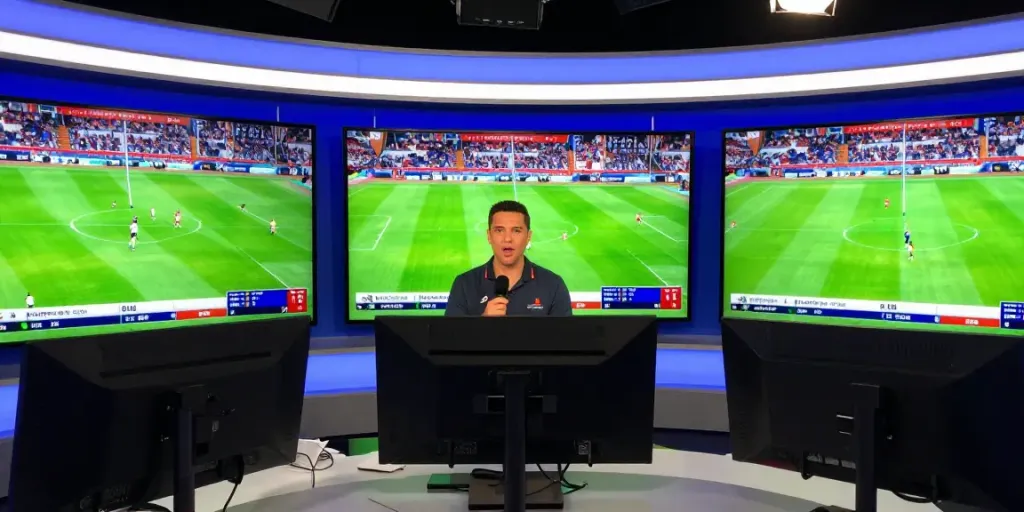 Xoilactv sports commentator presenting thrilling football highlights in a vibrant broadcast studio.
