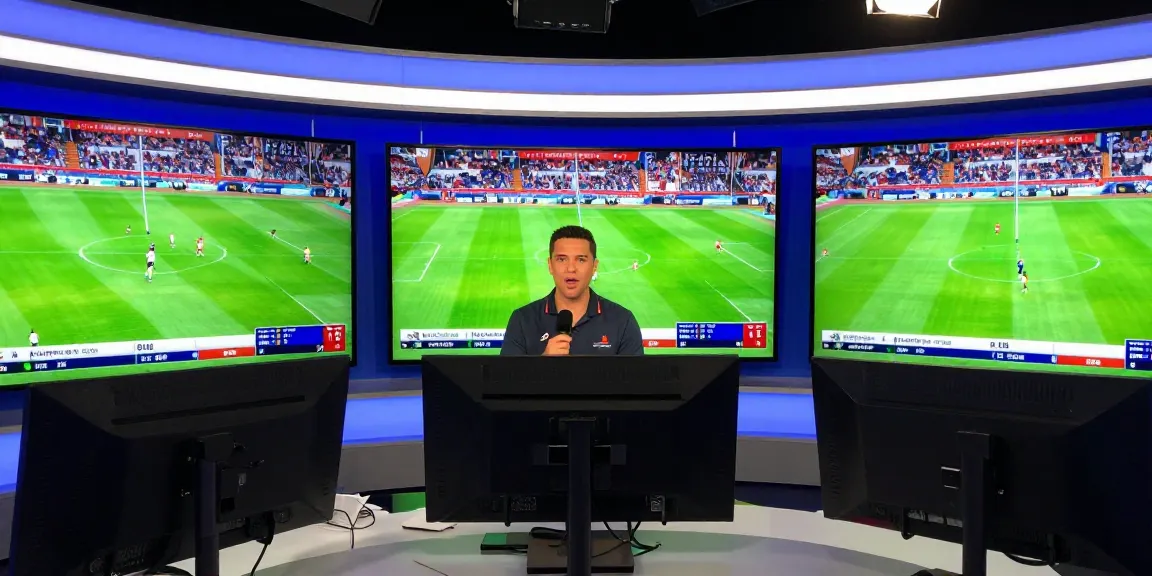 Xoilactv sports commentator presenting thrilling football highlights in a vibrant broadcast studio.