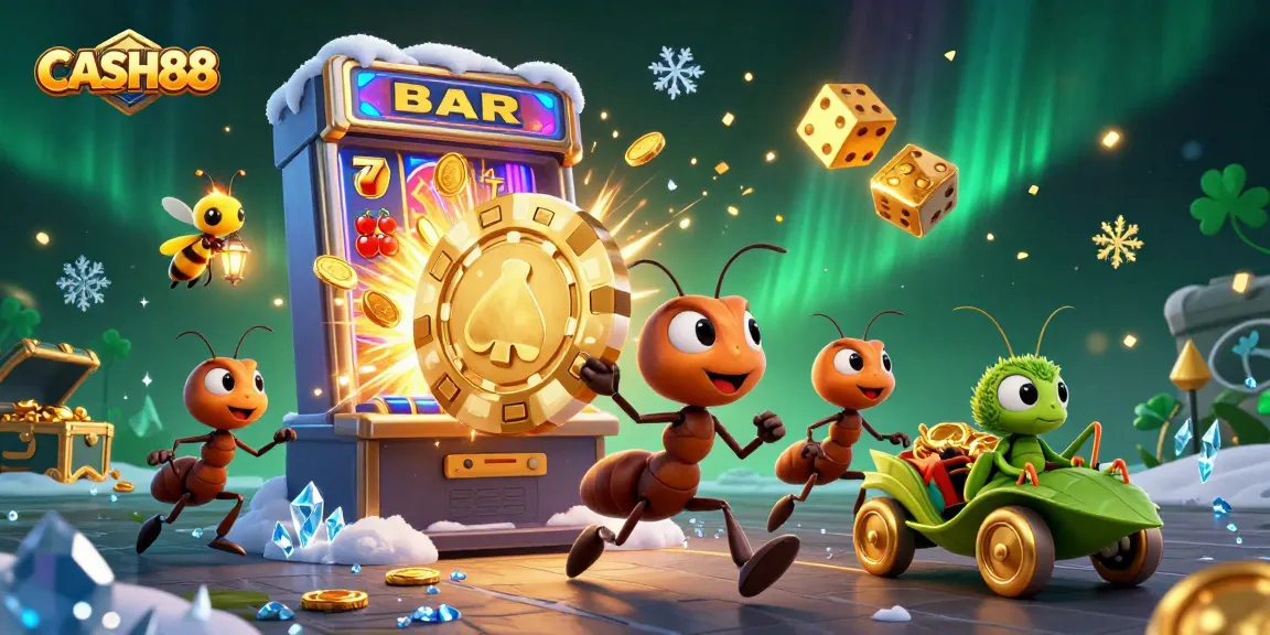 CASH88 captures excitement with ants carrying a poker chip through a casino heist scene, amidst dynamic jackpots.