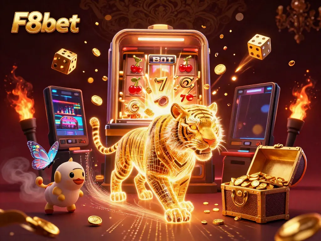 Experience the vibrant energy of F8bet with a golden tiger amidst dynamic casino elements.