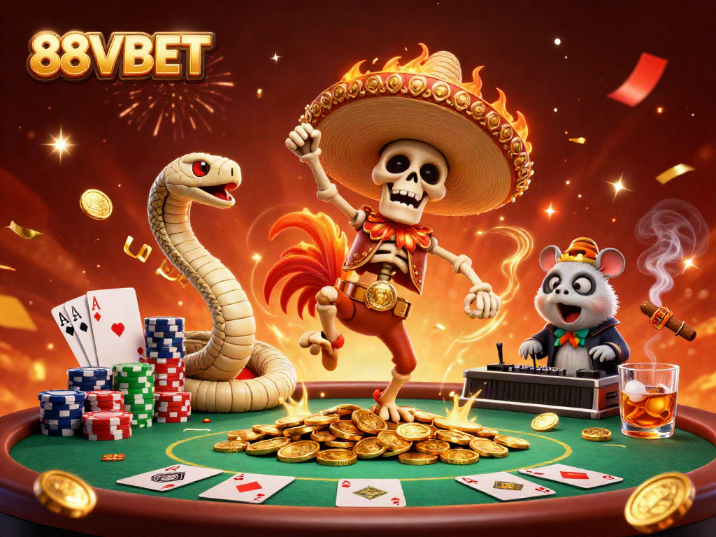 Experience the excitement of 88VBET with a vibrant scene featuring dynamic casino characters and gaming elements.