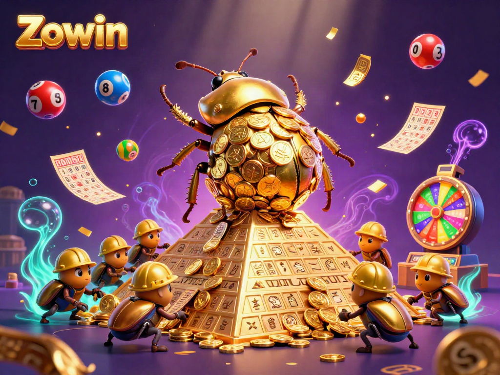 Zowin's dynamic gaming scene features fun lottery elements and golden coins in a vibrant casino atmosphere.