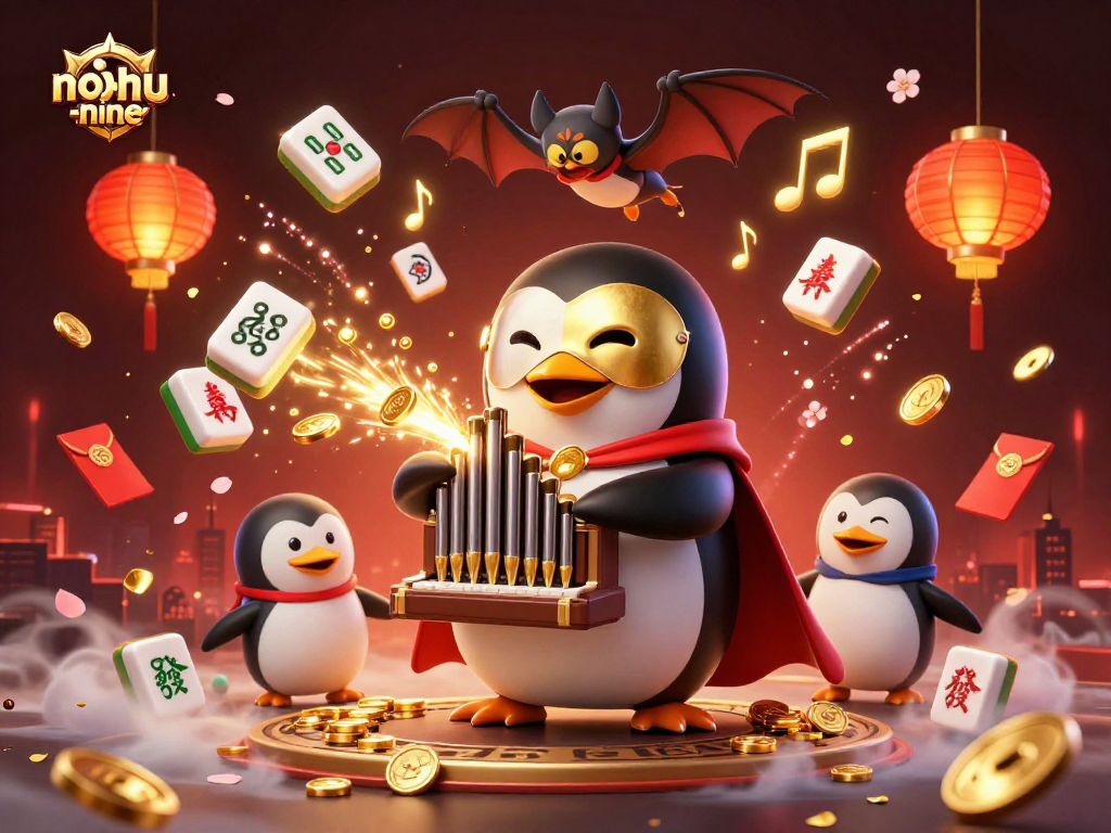 Experience the thrill of nohu-nine as the phantom penguin plays a golden organ surrounded by festive gaming elements.
